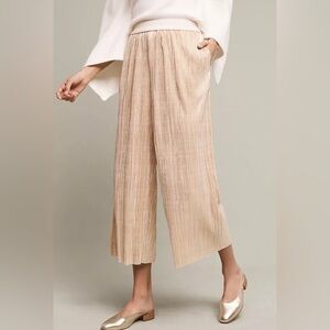 Anthropologie Elevenses Sz XS Gilded Gold Pleated Cropped Wide Leg Culotte Pants